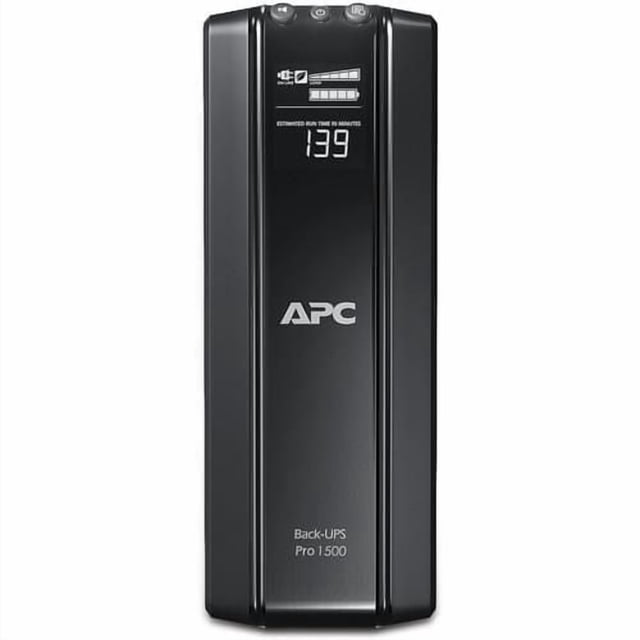 APC Back-UPS Line-Interactive 1500VA UPS front-facing black rectangular tower with multi-function LCD showing estimated run time and battery status, featuring APC logo and Back-UPS Pro 1500 label, providing surge protection and power backup for computers and peripherals.