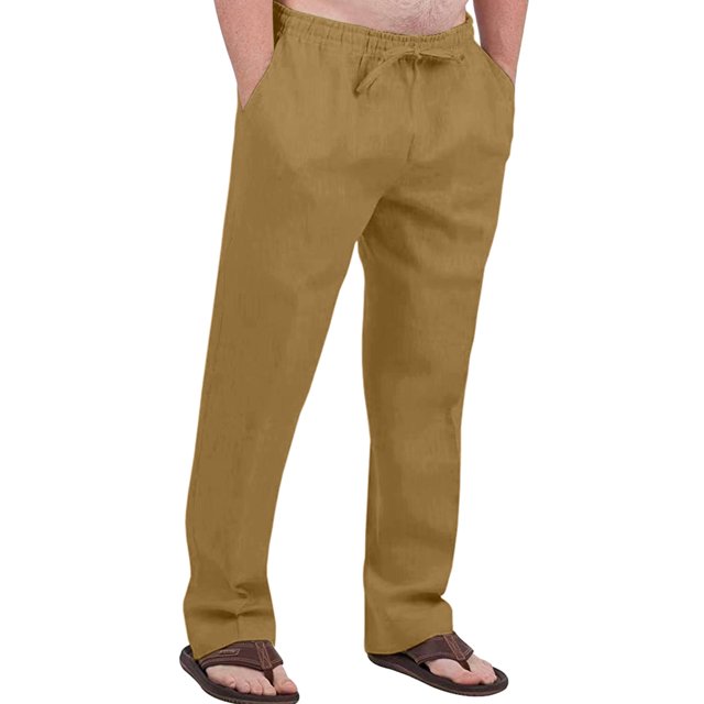 Innerwin Pants Elastic Waist Men Trousers Beach Drawstring Lightweight Long Pant Dark Khaki M