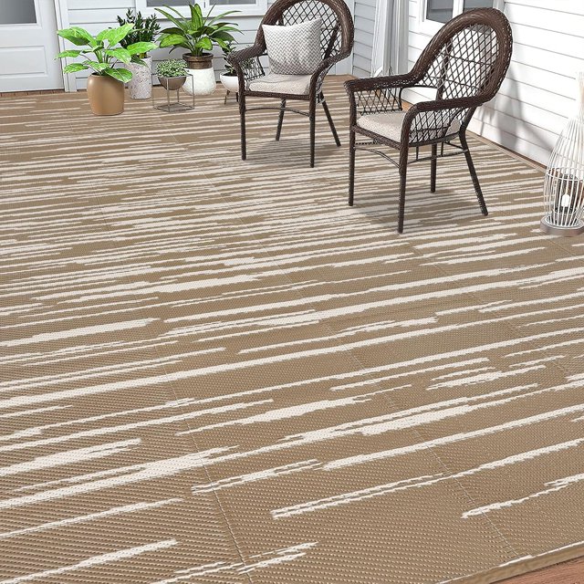 Findosom 9'x12' Waterproof Stripe Outdoor Rug, Foldable Reversible Plastic Straw Rug, Large Patio Rug for Outdoors, RV, Patio, Backyard, Deck, Picnic, Beach, Camping Brown