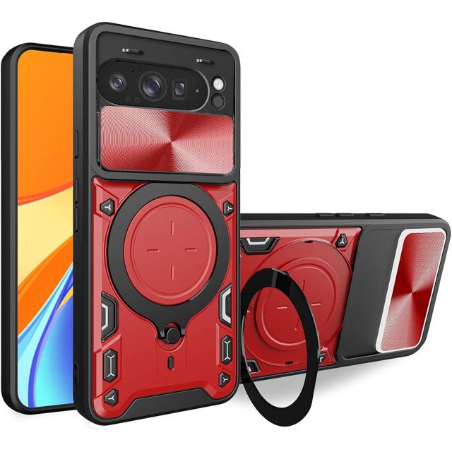KOMI for Google Pixel 9 Pro XL Case with Metal Ring Stand & Slide Camera Cover for Pixel 9 Pro XL Phone Case Magnetic Military Grade Shockproof Heavy Duty Rugged Protective Cover (Red)