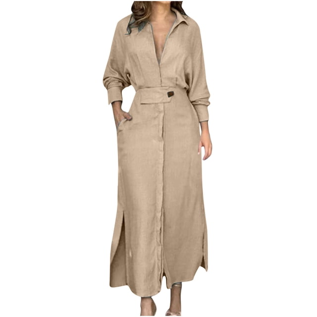 AherBiu Robe de Bureau Décontractée pour Femmes à Manches Longues, Col à Revers, Col en V, Froncée, Ligne A, Grande, avec Poches