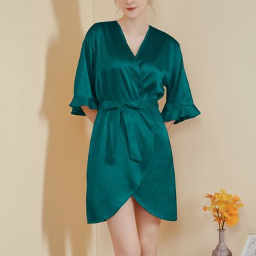 RXIRUCGD Chemise de Nuit pour Femmes à Manches Feuille de Lotus, Sensation de Fraîcheur, Style Court avec Ceinture, Tenue d'Intérieur ( Rose, Taille : S )