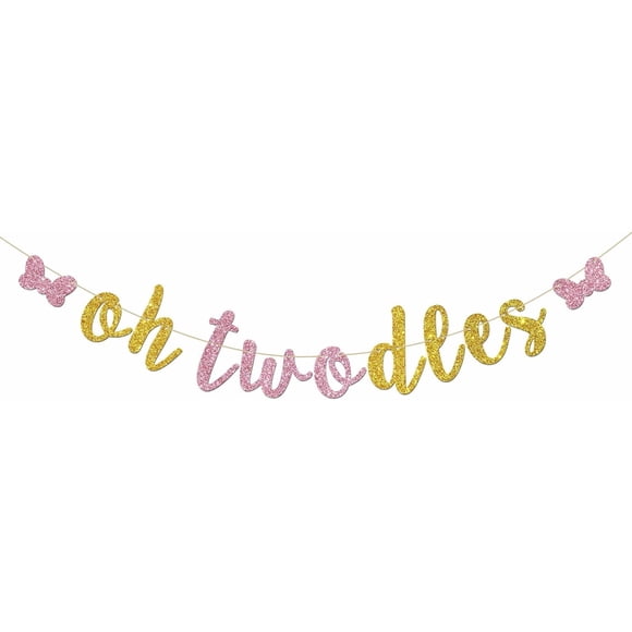 Oh Twodles Banner - Happy 2nd Birthday Party Decor for Girls - Cartoon Mouse Theme 2nd Birthday Party Decorations Supplies, Pink & Gold Glitter
