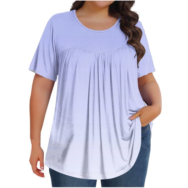 Plebaso Hauts pour Femmes Grande Taille Manches Courtes Blouses Plissées Décontractées Col Rond Été Tuniques Amples