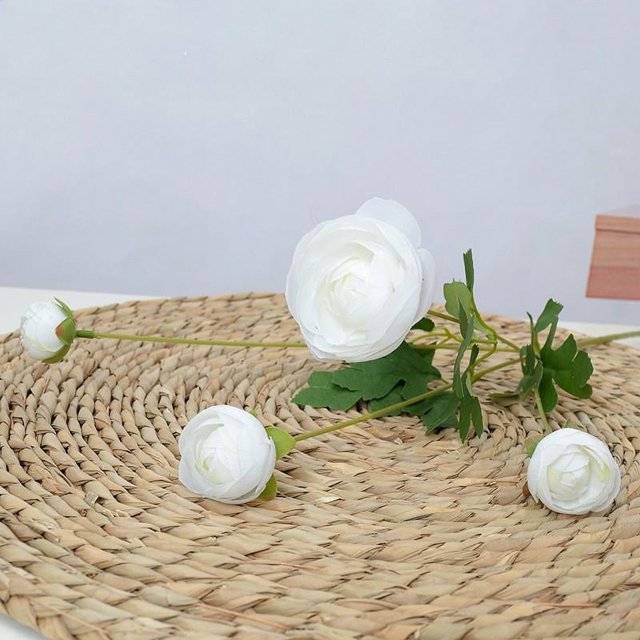 KUIZAP 60cm 5 Heads Artificial Ranunculus Flowers Floral Faux Peony Bouquet Wedding Home Decoration Simulation Artificial Flowers(White)