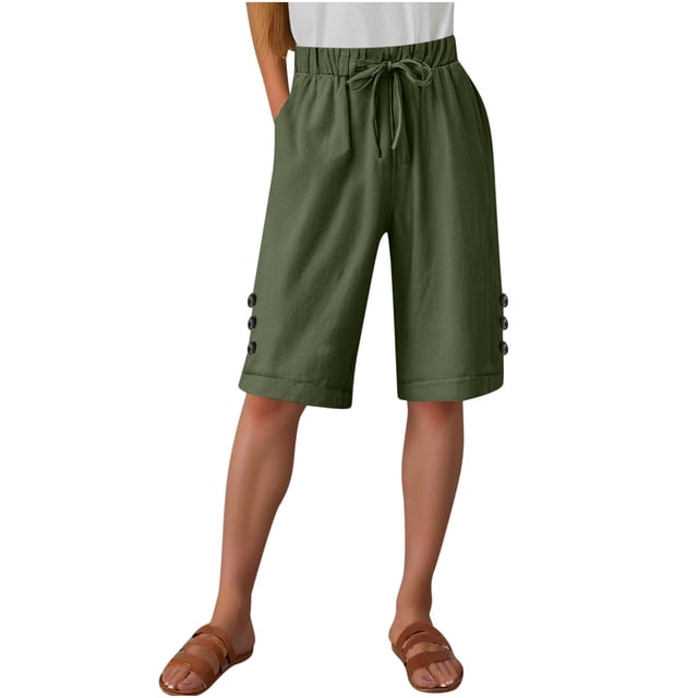 Womens Half Shorts Pants Summer Elastic Waist Buttons Casual Linen Pockets Pants
