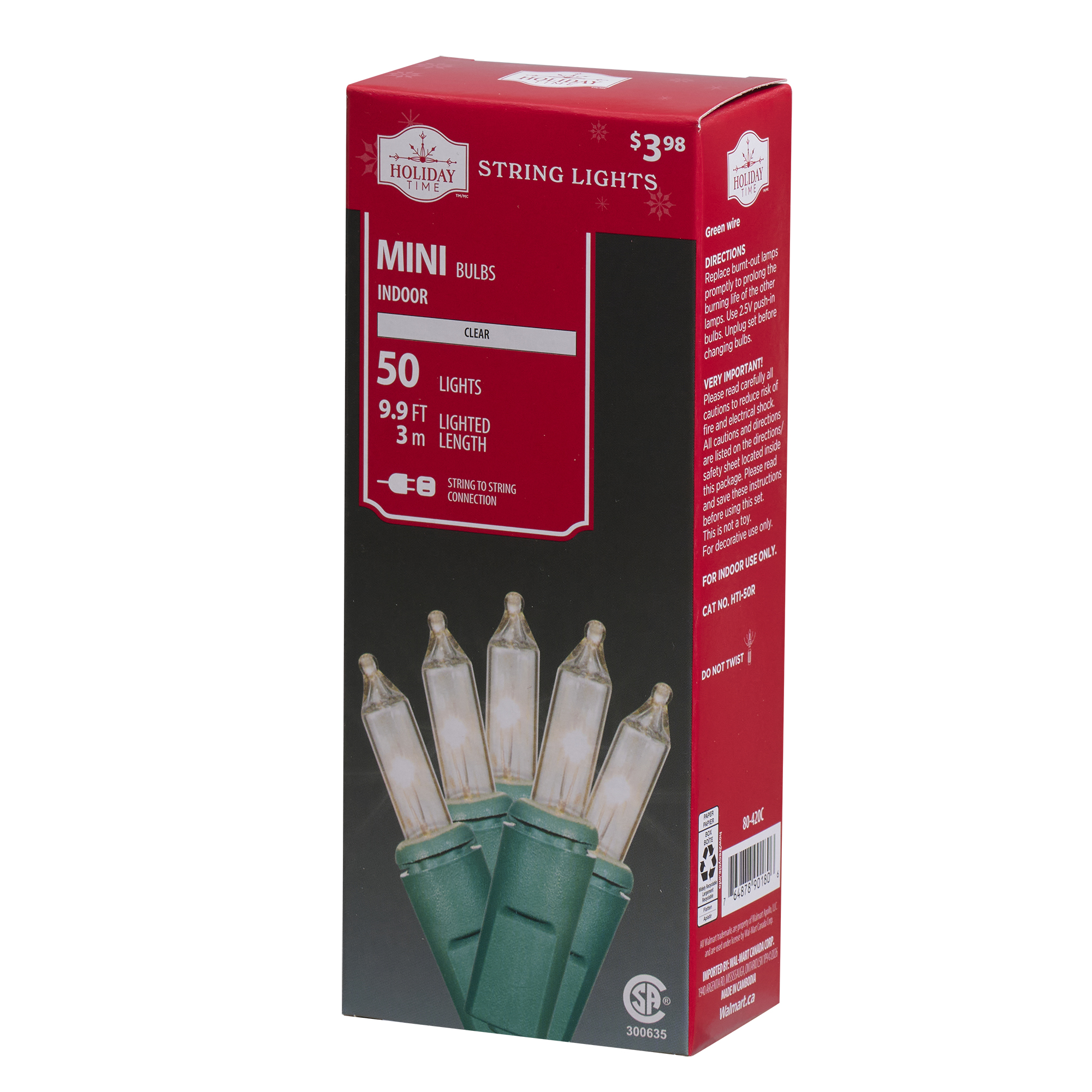 Mini guirlandes de Noël lumineuses dotées de 50 ampoules à incandescence de 9,9 pieds, transparentes, avec fil vert Holiday Time