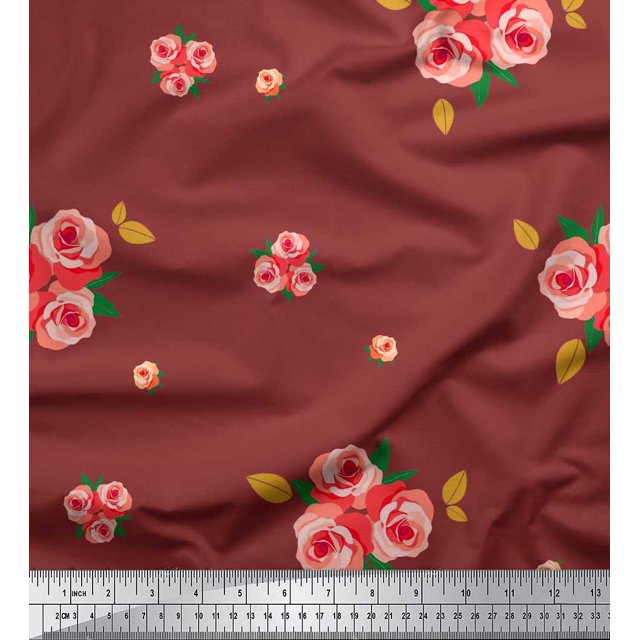 Soimoi Tissu en Coton Cambric Imprimé Feuilles & Roses par Yard 56 Pouces de Large