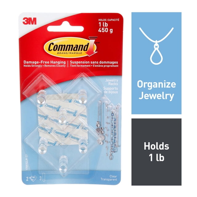 Command™ Support à Bijoux 17097CLR-EF Support à Bijoux en Plastique Transparent avec six Chevilles sur Emballage de 3 m, Conçu pour Accrocher et Tenir jusqu'à 1 lb Sans Dommages, Comprend des Bandes Adhésives Transparentes pour une application et un Retrait Faciles, Convient au Rangement de Bijoux et à l'Organisation des Colliers et bracelets.