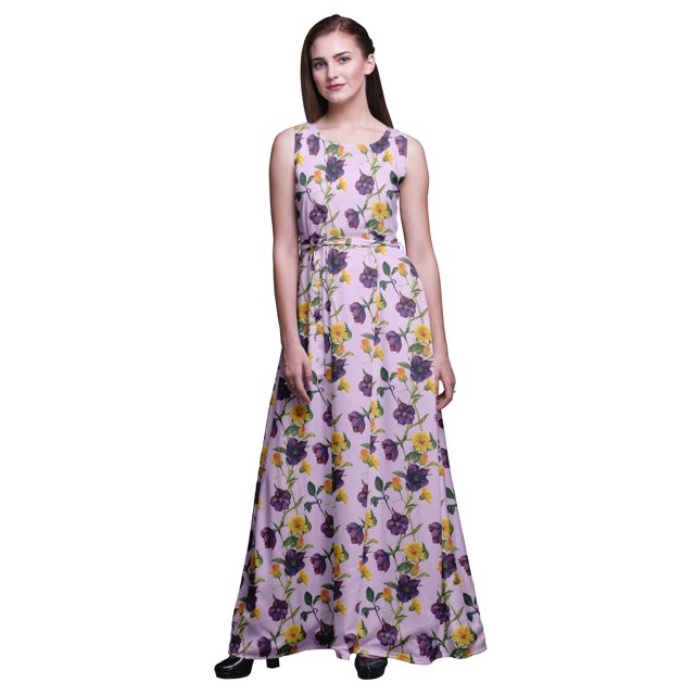 Bimba Robe de Soirée Sans Manches à Imprimé Floral pour Femme à Col Rond - Très Petit