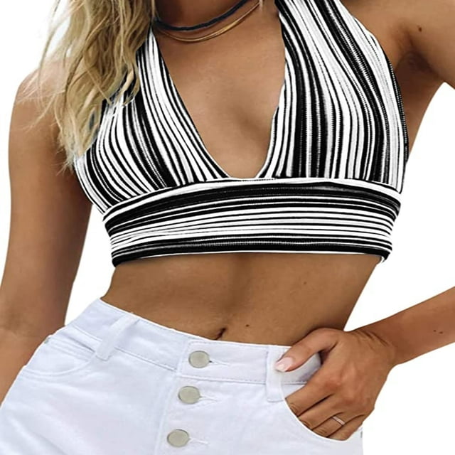 Women Deep V Neck Stripe Halter Crop Vest Backless Cami Tank Top