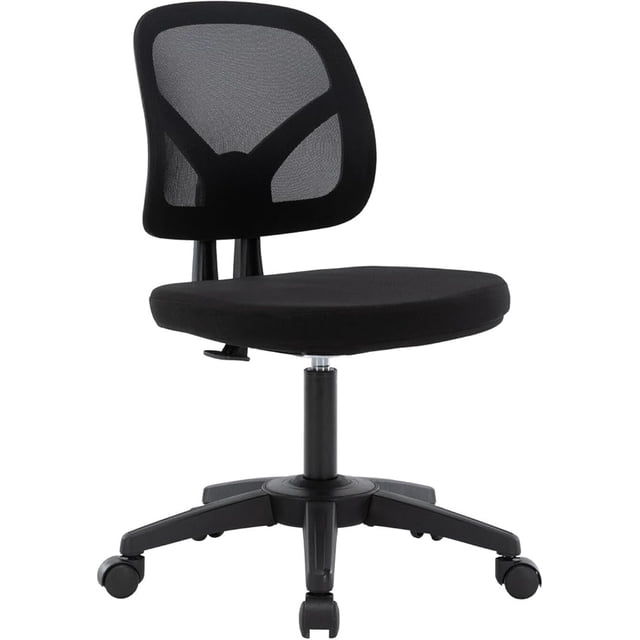 Low-Back Home Office Task Chair, Armless Executive Computer Desk Chair Height Adjustable with Swivel Casters for Working Studying Gaming. This black Moustache swivel office chair features a Y-shaped ergonomic backrest for shoulder, back, and waist support, a breathable mesh-covered seat and back, and a 360-degree swivel base with smooth-rolling casters. The chair is height adjustable with a Class 3 gas lift and supports up to 250 lbs. Ideal for home or office use.