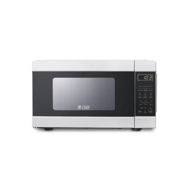 COMMERCIAL CHEF 0.9 Cu Ft Microwave with 10 power levels, white countertop microwave featuring a black mesh window, digital LED timer display, push button controls with preset menus for potato, popcorn, pizza, defrost, and child safety lock for secure kitchen use.