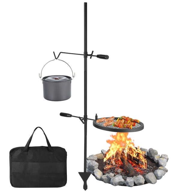 Heavy Duty 360° Swivel Campfire Grill for Fire Pit – Adjustable Height Alloy Steel Cooking Grate, Includes Carry Bag and Hook – Portable Open Fire BBQ Rack for Outdoor Barbecue, Camping, Garden