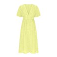 thumbnail image 4 of Mikilon Robes d'Été pour Femmes Ensemble Jupe Aguichant Robe à Carreaux à Manches Courtes Lanterne Aguichant à Col en V Profond Robes Gaine Mode Décontractée Taille Haute Unie Robe de Soirée avec Fente Jaune G, 4 of 6