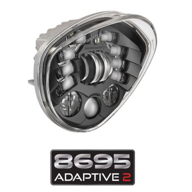 J.W. Speaker Headlight Assembly 0555151 8695 Adaptive 2 featuring an LED bulb with high and low beam functionality, clear polycarbonate lens, and gray aluminum housing with a black inner bezel. The headlight is DOT/ECE approved, designed in a 6.85-inch by 6.38-inch diamond shape, and compatible with Victory Motorcycles. It includes adaptive technology for improved visibility during cornering, dynamically filling dark areas, and ComfortLite™ high beams for enhanced safety.
