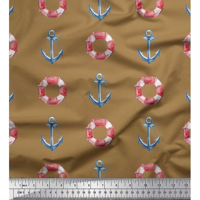 Soimoi Brown Poly Georgette Fabric Life Ring & Anchor Hook Nautical Print Fabric by the Yard 52 Inch Wide