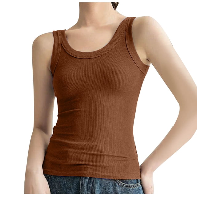 Dealovy Going out Tops for Women Ribbed Knit Tank Tops Round Neck Sleeveless Slim Solid Color Undershirts
