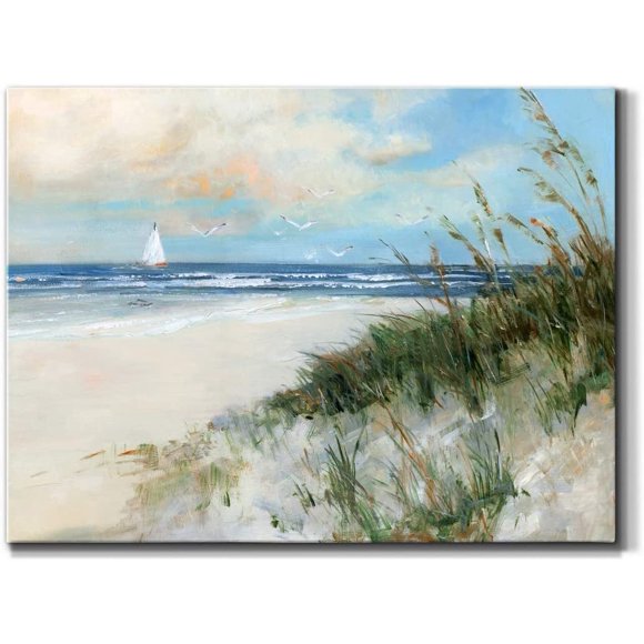 View from The Beachgrass Wall Art, Sailboat and Beach Artwork, Scenic Calming Blue Waves, Premium Gallery Wrapped Canvas, Ready to Hang, 12 in H x 18 in W, Made in America Print