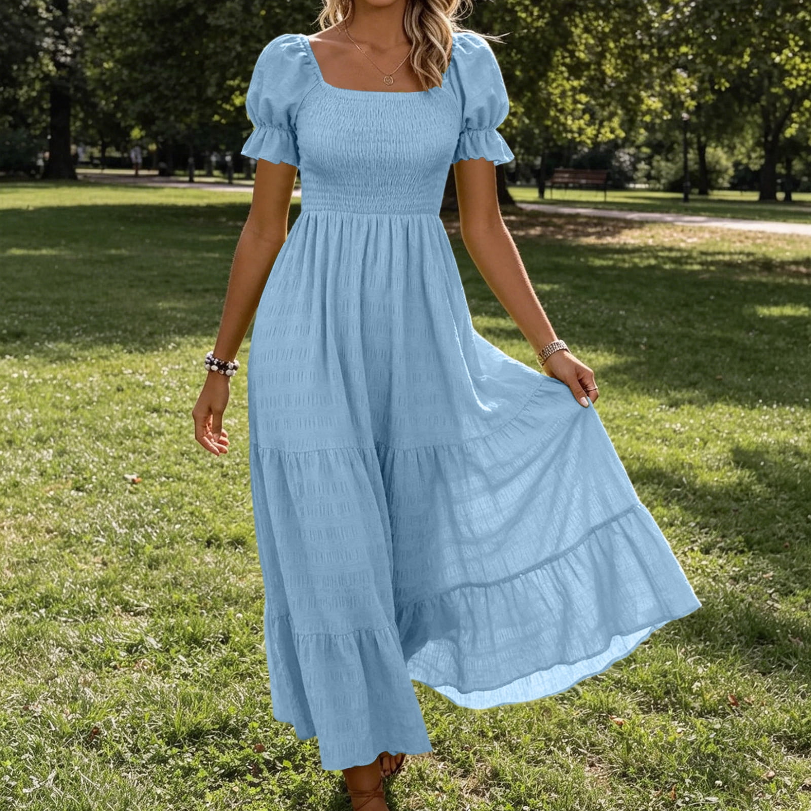 Lovzfmll Women's Solid Pleated Midi Dress, Gathered Front Back Semi Open Back Casual Dress Sky Blue, S