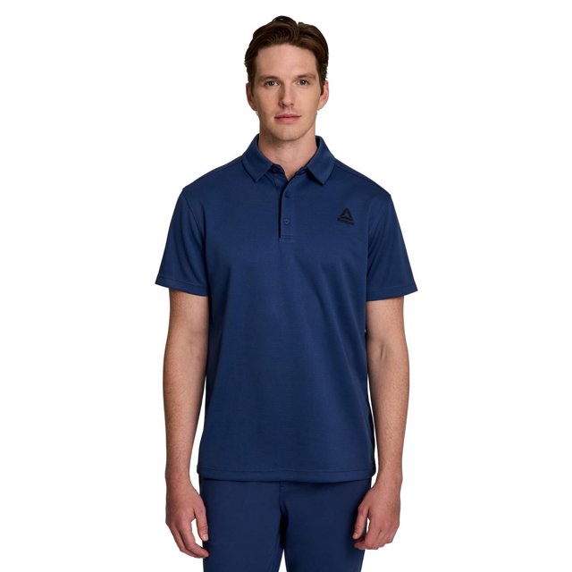 Reebok Men's Ace Performance Polo Shirt in navy blue with short sleeves, classic collar, and half-button placket, featuring the black Reebok Delta logo on the left chest, made from 100% poly double side jacquard fabric, ideal for casual and semi-formal occasions.