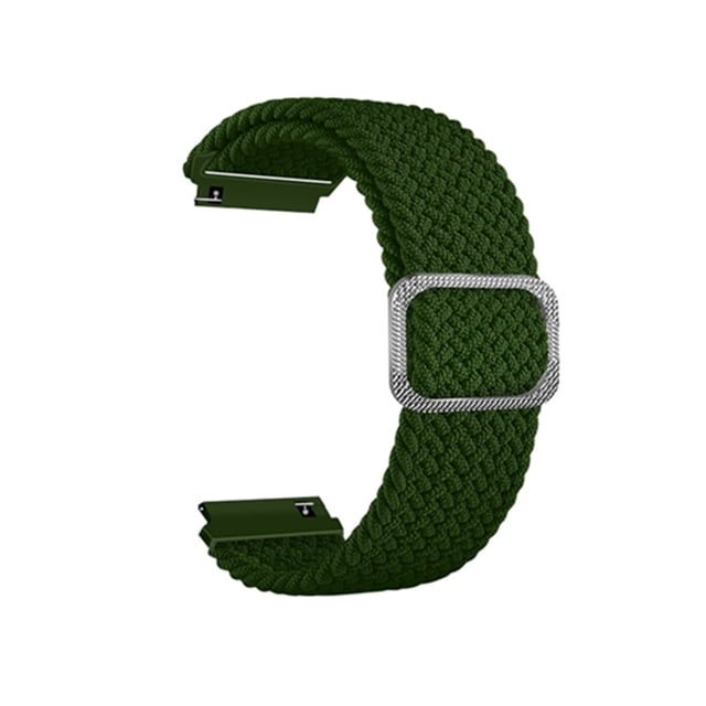 EGNMCR stretchy loop traps nylon woven elastic smartwatch band designed for Realme 2/2 Pro smartwatches. The band features a green woven nylon texture with a stretchable design, no buckle or hook, and a durable stainless steel snap clasp. Suitable for wrists measuring 5.2-8.5 inches, it is lightweight, breathable, and skin-friendly, ideal for wearable technology, daily activities, and outdoor sports. Dimensions: 20 x 2.2 x 0.25 cm.