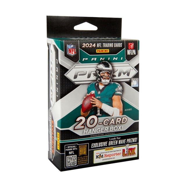Boîte Suspendue de Cartes à Échanger de Football Prizm Panini 2024 avec Emballage Multicolore Mettant en Vedette un Joueur des Philadelphia Eagles Tenant un Ballon de Football, Contenant 20 Cartes et des Prix Exclusifs Green Wave, sous Licence Officielle de la NFL et de la NFLPA.