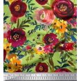 thumbnail image 1 of Soimoi Green polyester Crepe Fabric Leaves & Pink Floral Print Sewing Fabric BTY 52 Inch Wide, 1 of 1