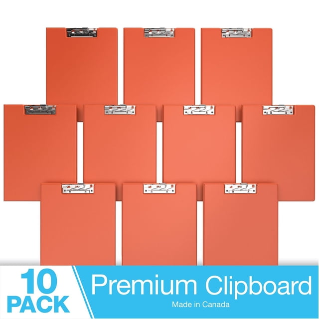Premium Clipboard 10 pack showing ten orange clipboards with metal clips arranged in three rows on a white background, made in Canada, suitable for office and school use and organizing documents.