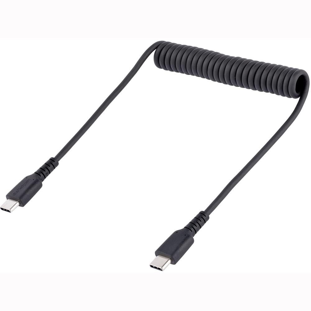 StarTech.com 20in (50cm) USB C Charging Cable, Coiled Heavy Duty Fast Charge & Sync USB-C Cable, USB 2.0 Type-C Cable, Rugged Aramid Fiber, Durable Male to Male USB Cable, Black (R2CCC-50C-USB-CABLE)