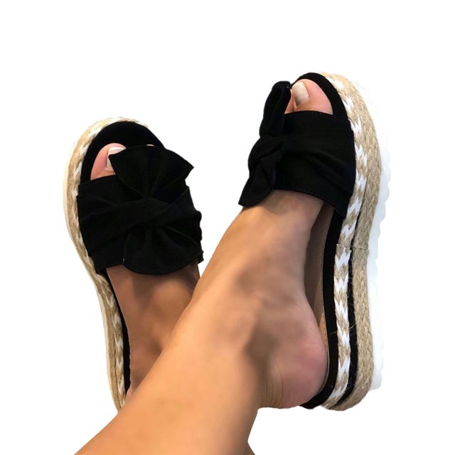 Woobling Sandales Compensées d'Été à Plateforme pour Femmes, Espadrilles à Nœud, à Enfiler, Noires, 8
