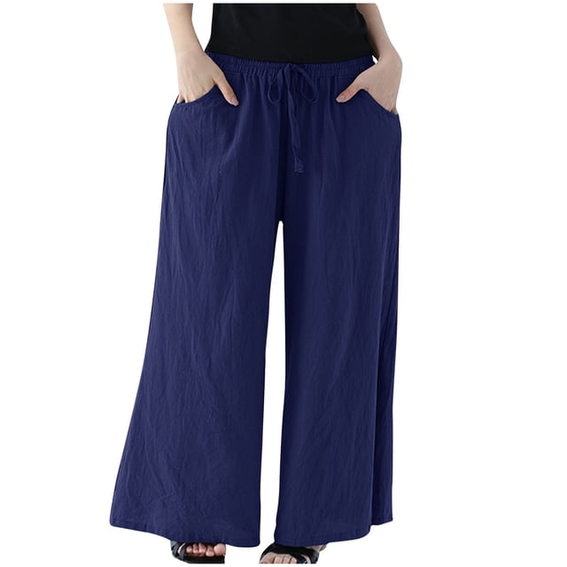 Timegard Womens Cotton Linen Pants Wide Leg Elastic Waisted Drawstring Casual Loose Trousers with Pockets