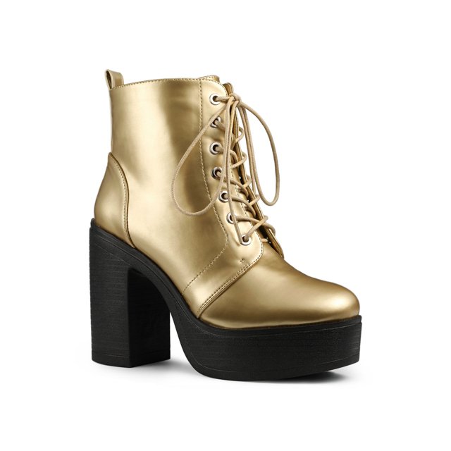 Unique Bargains Bottes de Combat à Talon Épais à Plateforme Zippée pour Femmes, Finition or Métallique. Ces Bottes Dotées d'Un Empeigne en PU, d'Une Semelle Extérieure et d'Un Talon pour une Durabilité et une texture Lisse. La Conception Comprend une Fermeture Éclair Latérale pour un Enfilage Facile, des Lacets Ajustables pour un Ajustement Sécuritaire, et une Plateforme Robuste avec un Talon Épais pour une Hauteur et une Stabilité Accrues. l'Orteil Rond et la Couleur Unie Rehaussent la silhouette de Botte de Combat Classique avec un Bord Moderne. Convenant aux Tenues Décontractées et Semi-Décontractées, Ces Bottes