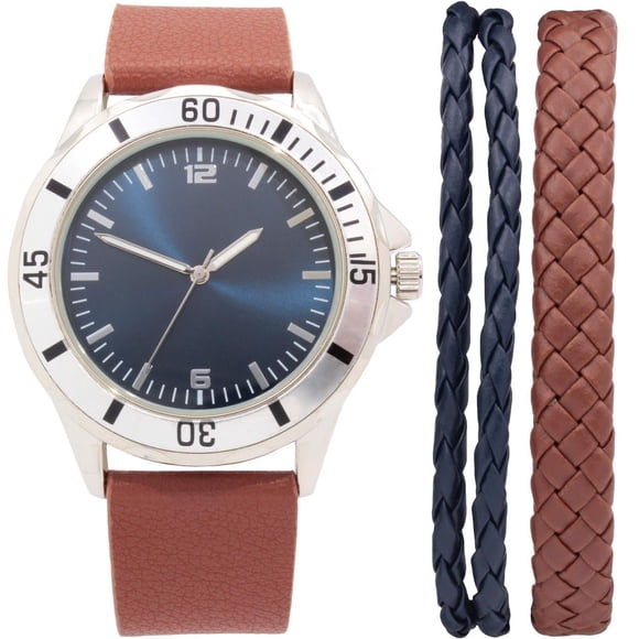 Montre analogique facile à lire pour homme avec bracelet en similicuir PU brun et ensemble de bracelets