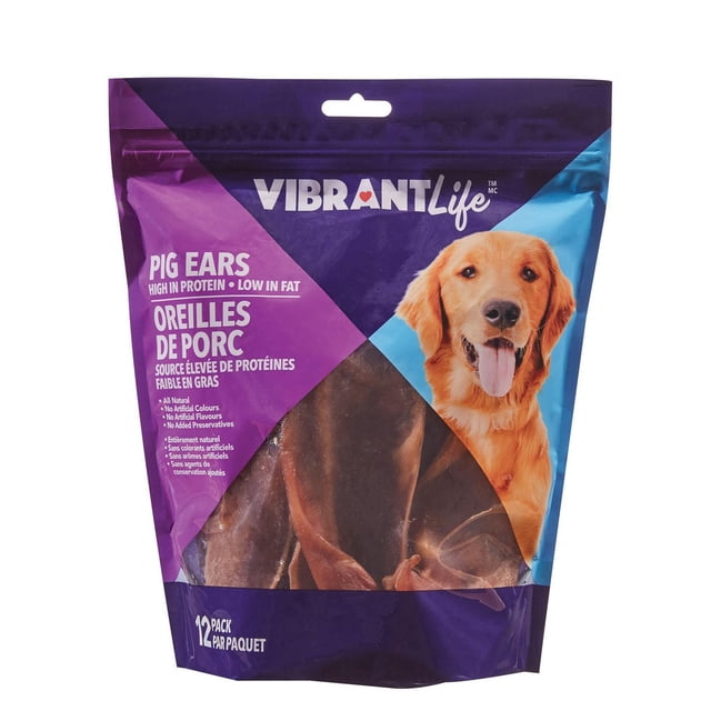 Vibrant Life Pig Ears, 12 Pk dog treats in a resealable purple and blue bag, featuring all-natural, high-protein, low-fat pig ears with no artificial colors, flavors, or preservatives, labeled in English and French for Canadian pet owners.
