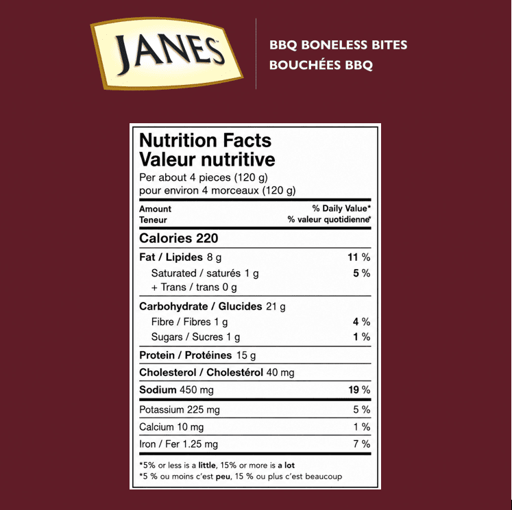 Bouchées de poulet comme au restaurant Janes® au barbecue classique, 710 g, bouchées de poulet panées et congelées. Contient : Viande blanche. 710g