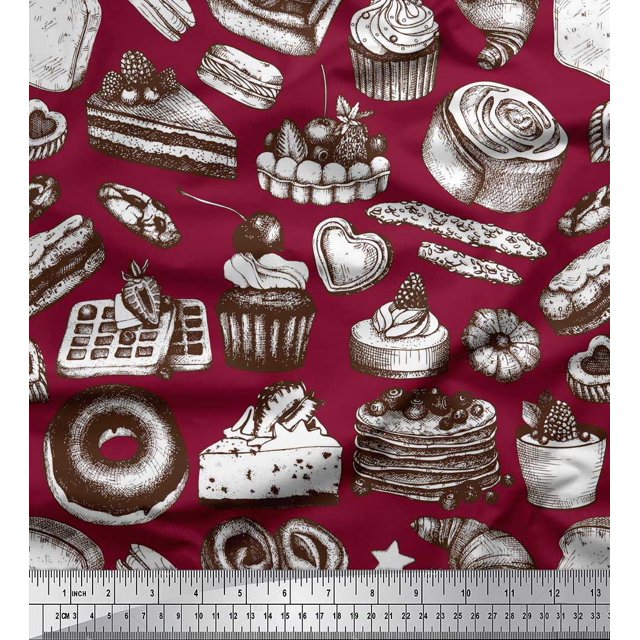 Soimoi Moss Georgette Fabric Cupcake,Donut & Cookies Food Decor Fabric Printed Yard 42 Inch Wide