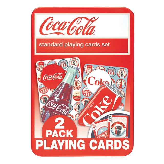 Masterpieces Puzzle Company Coca-Cola Playing Cards (2-Pack) collectible tin containing two standard decks with retro Coca-Cola bottle and can designs, card backs featuring vintage Coke logos, and face cards styled with classic Coke graphics, suitable for family card games and collectors.