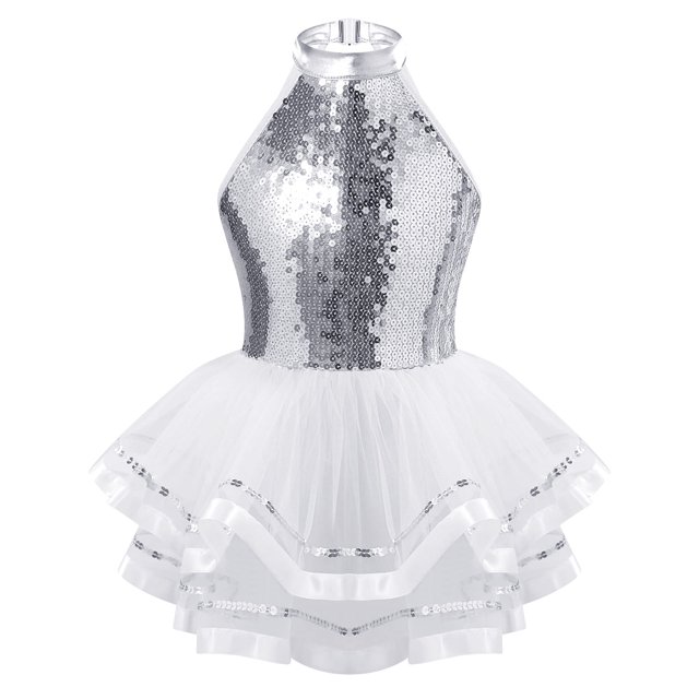 Oyolan Robe Justaucorps de Danse de Ballet Métallisée à Paillettes Scintillantes pour Filles Enfants avec Jupes Tutu en Maille Robes de Performance Blanc 14