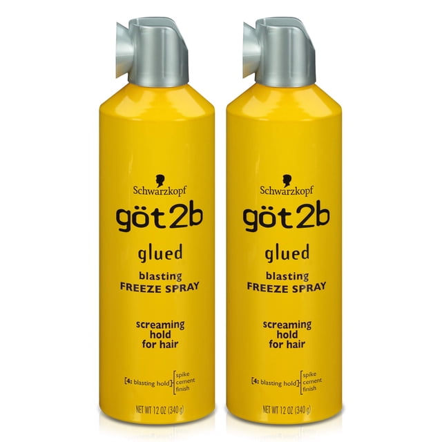 GOT 2B Glued Vaporisateur Lyophilisé Explosif, 12 Onces (Lot de 2), Comprenant Deux Canettes Jaunes Vibrantes avec Embouts Argentés. Ce Vaporisateur pour Cheveux Offre une Tenue Extrême pour le Coiffage et Est Idéal pour Créer des looks de Cheveux à Pointes Ou Cimentés.