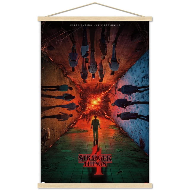 Netflix Stranger Things: Season 4 - Group Teaser One Sheet Wall Poster, 22.375" x 34", depicting a vertical tunnel with a fiery glowing center and shadowy figures on tiled floor and walls, featuring the Stranger Things 4 logo and the tagline 'Every ending has a beginning', printed on glossy poster paper suitable for home décor and wall art.