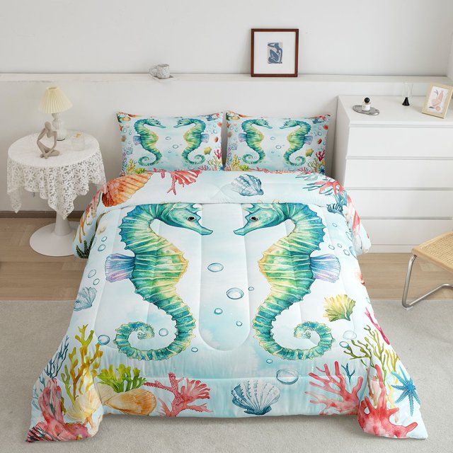 Erosebridal Ensembles de Literie Hippocampe Simple avec Couette pour Enfants, Insert de Couette Hippocampe, Décor Corail Coloré, Réversible 2 Pcs