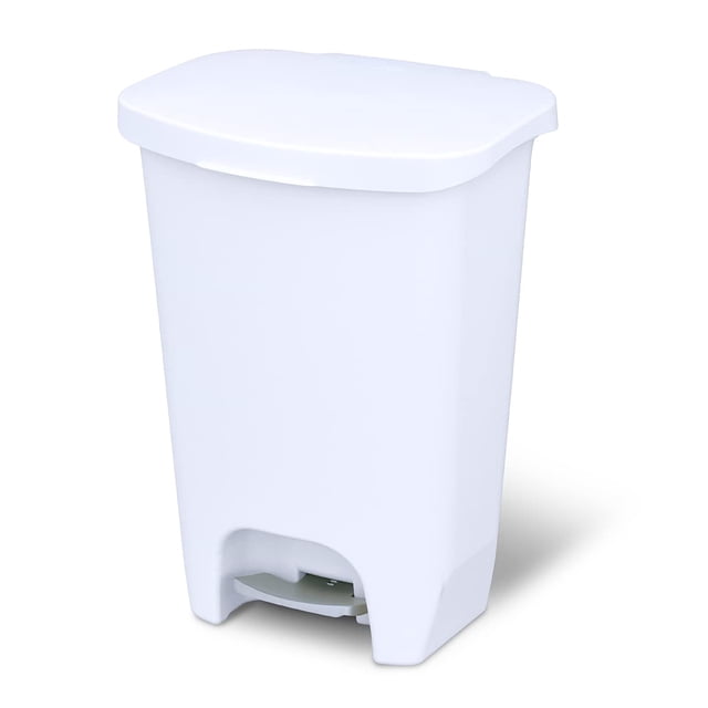 Glad 13 Gallon Trash Can | Plastic Kitchen Waste Bin with Odor Protection of Lid | Hands Free with Step On Foot Pedal and Garbage Bag Rings, 13 Gallon, Wh