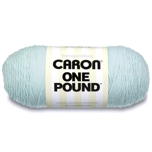 Caron® One Pound™ Yarn, acrylic #4 medium weight, 16oz/454g skein with 812 yards in light blue, shown as a tightly wound skein with a white label and bold black text, suitable for knitting and crochet projects including scarves and home decor, machine washable.
