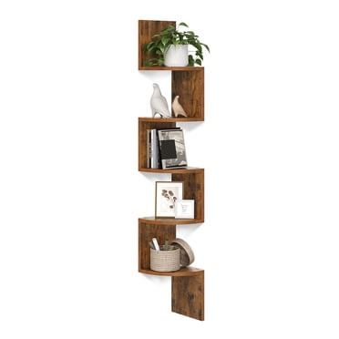 VASAGLE Corner Shelf, 5-Tier Floating Wall Shelf with Zigzag Design, Bookshelf, Rustic Brown