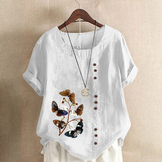 Pisexur Hauts pour Femmes en Coton et Lin Été Décontracté Imprimé Papillon Blouses Oversize Col Rond Tunique Ample Manches Courtes Hauts Chemises Grande Taille