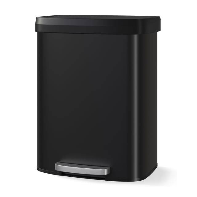 60L / 16 Gallon Black Stainless Steel Step Trash Can - Soft-Close Plastic Lid, Rustproof Kitchen Garbage Bin, Liner Rim, Rear Handle, Large Capacity for Home, Bathroom, or Office, Black