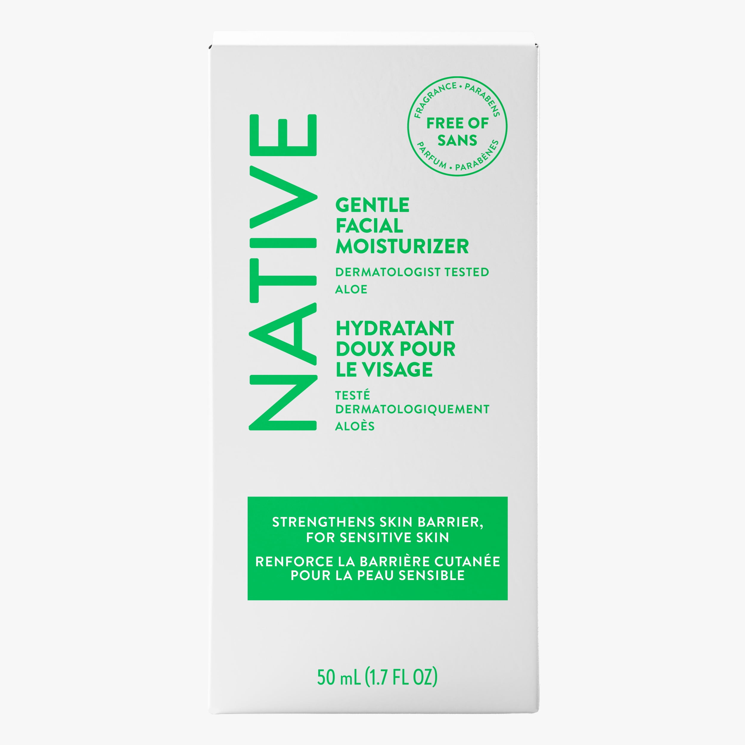 Nettoyant doux pour le visage Native pour peau sensible, sans parfum, sans sulfate, avec vitamine B3 et aloès, testé dermatologiquement, 50 mL