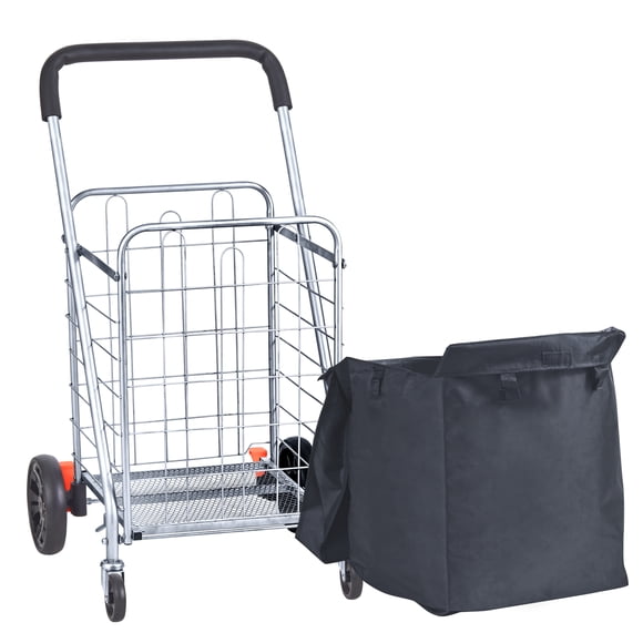 KFFKFF Collapsible Shopping Trolley, Supports up to 200 lbs, Utility Grocery Cart with Mobile Swivel Wheels and Bag, Durable Foldable Laundry Basket Cart, Compact and Lightweight, Silver