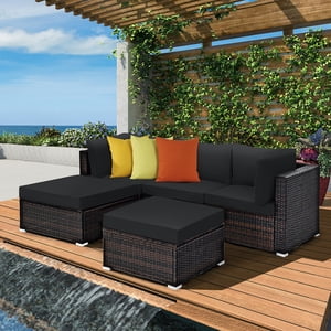 Costway 5PCS Patio Rattan Set de meubles Sectional Conversation Set ottoman Table noir